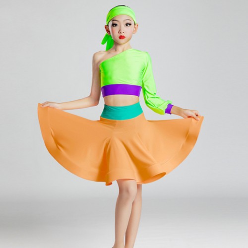 Girls kids rainbow colored latin dance dresses one inclined shoulder yellow green purple blue red modern dance latin performance cosutmes for girls